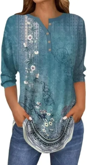 Boho Clothes for Women Button Up V-Neck Spring Fashion 2025 Dressy Casual Floral Shirts 3/4 Length Sleeve Tops