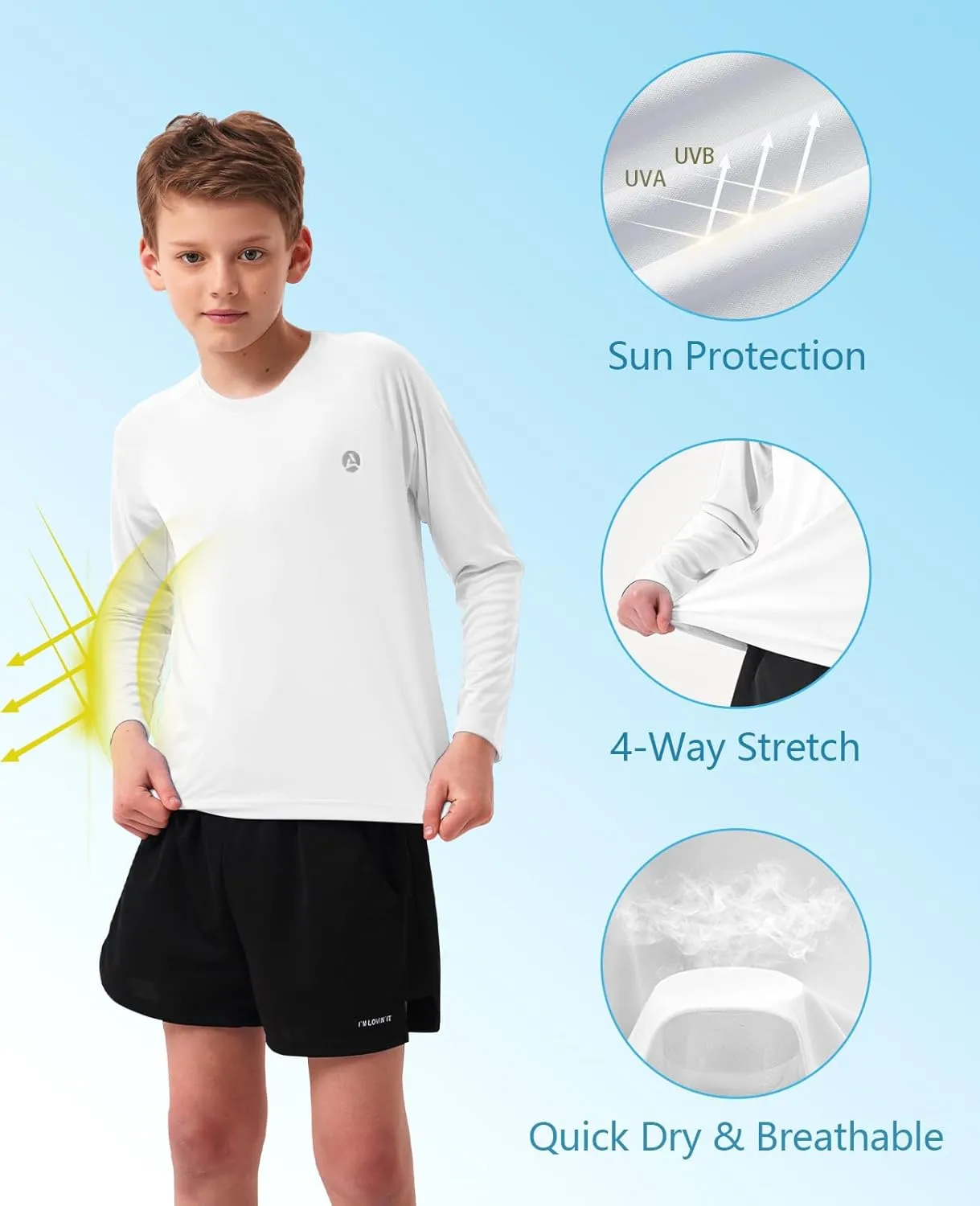 Boys Girls Long Sleeve Sun Shirts Rashguard UPF50 UV Quick Dry Athletic Hiking Fishing Golf Workout Play Water Size 6-14