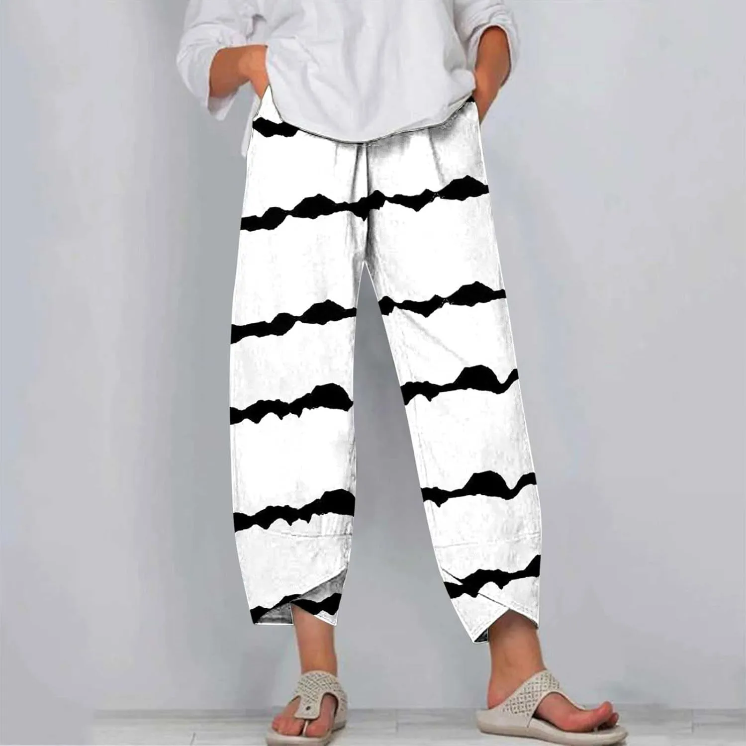 BZGTZT Capri Linen Pants for Women Lounge Pants High Waist Casual Gradient Summer Loose Fit Sweatpants Tapered Trousers