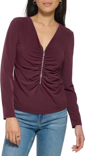Calvin Klein Women's Everyday Matte Jersey Long Sleeve Ruched Zip Front Blouse
