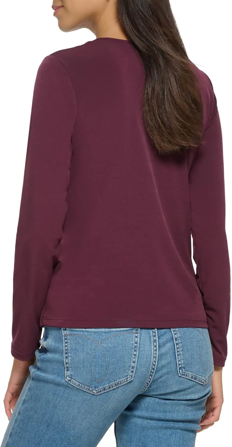 Calvin Klein Women's Everyday Matte Jersey Long Sleeve Ruched Zip Front Blouse