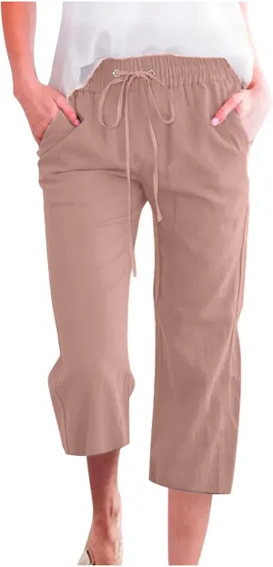 Capri Pants for Women High Waits - Casual 2025 Summer Drawstring Elastic Linen Pant Wide Leg Cropped Trousers