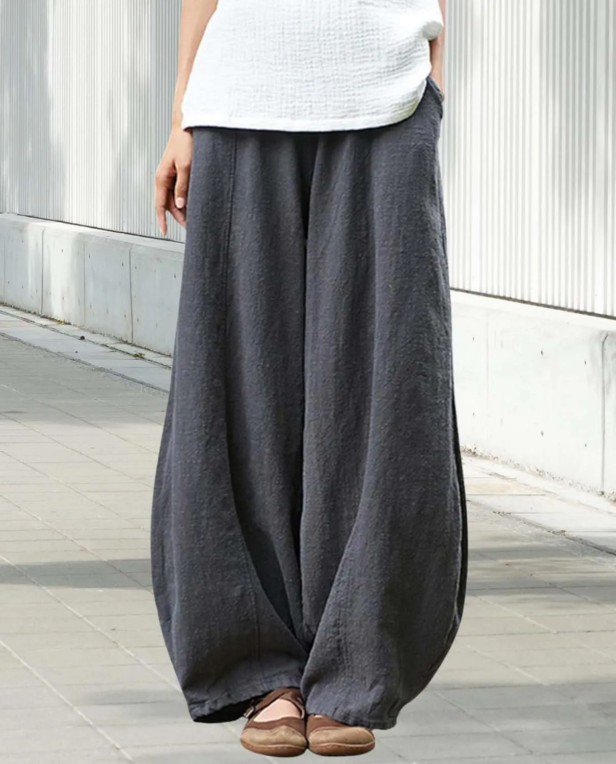 Cargo Japanese Pants for Women Cotton Linen Wide Leg Pants Casual Summer Boho Baggy Lantern Trouser with Pockets