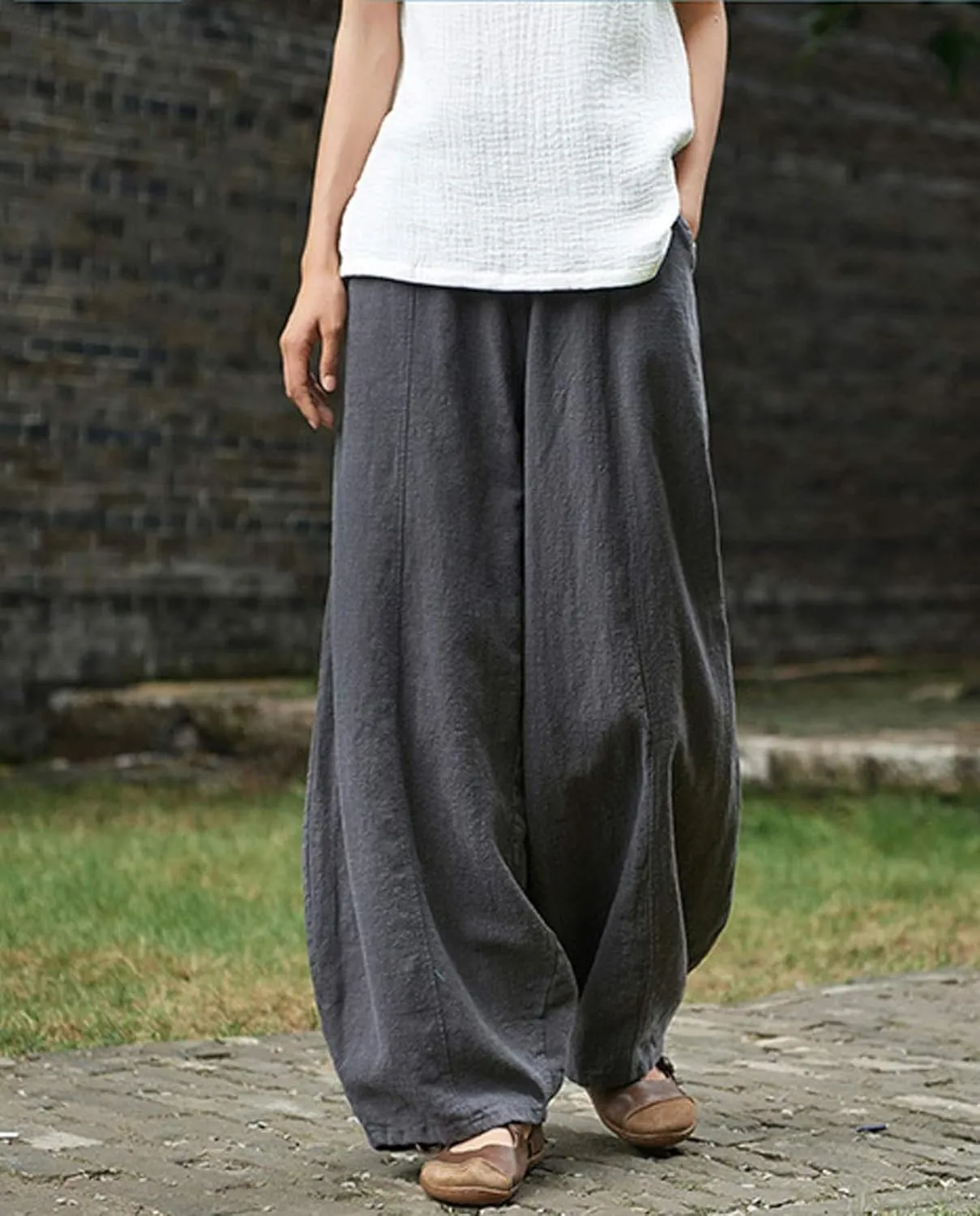Cargo Japanese Pants for Women Cotton Linen Wide Leg Pants Casual Summer Boho Baggy Lantern Trouser with Pockets