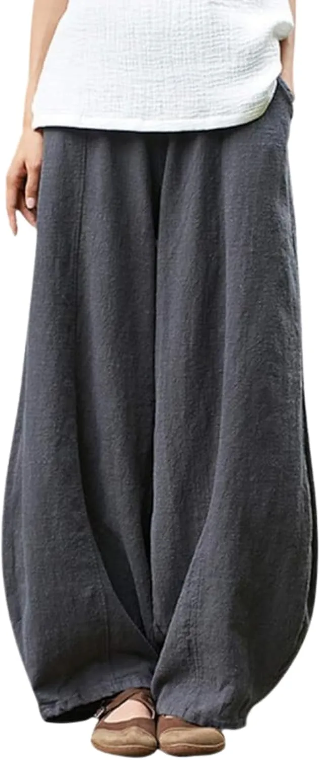 Cargo Japanese Pants for Women Cotton Linen Wide Leg Pants Casual Summer Boho Baggy Lantern Trouser with Pockets