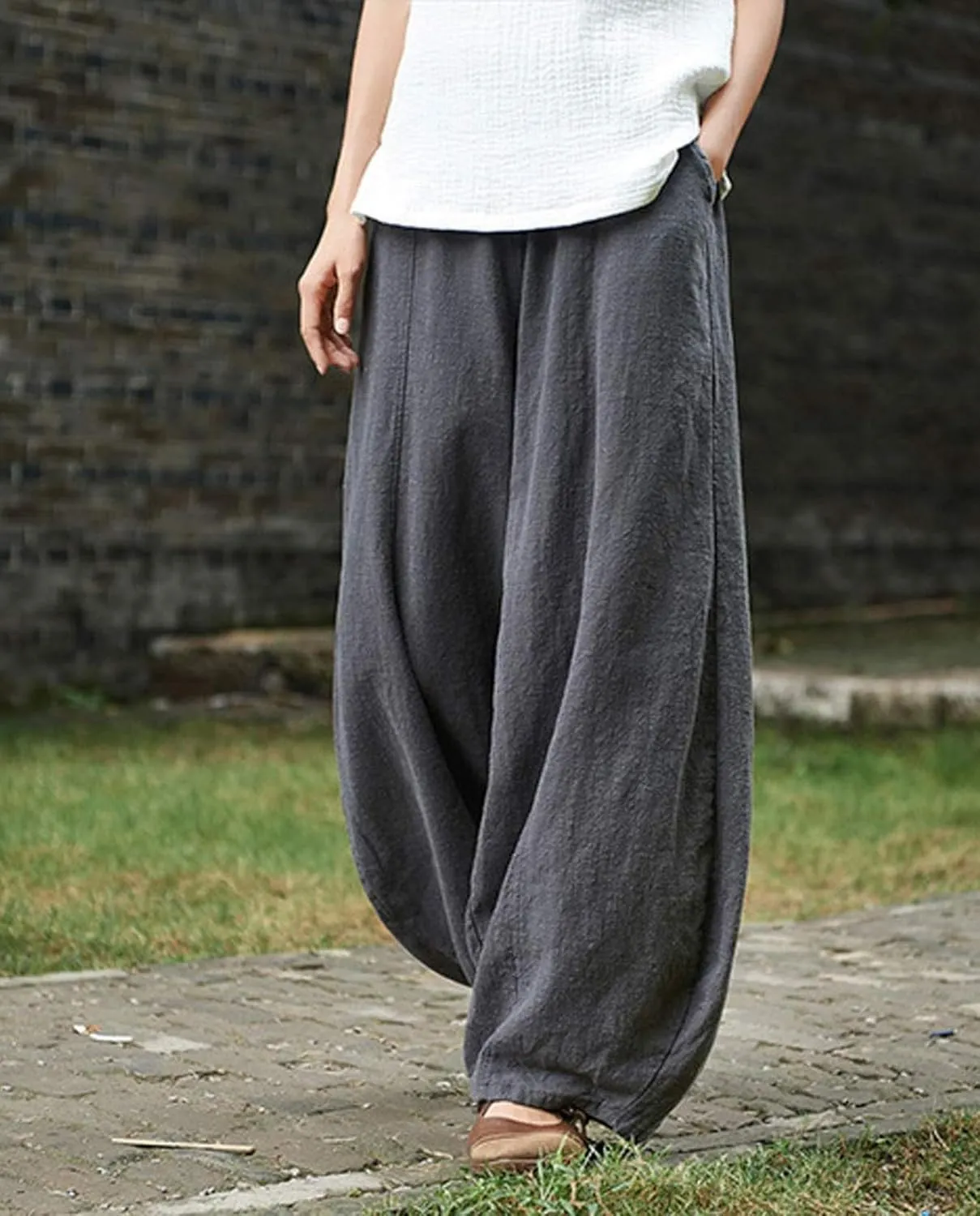 Cargo Japanese Pants for Women Cotton Linen Wide Leg Pants Casual Summer Boho Baggy Lantern Trouser with Pockets