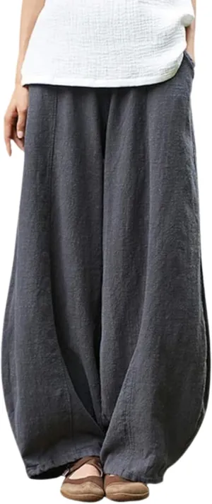 Cargo Japanese Pants for Women Cotton Linen Wide Leg Pants Casual Summer Boho Baggy Lantern Trouser with Pockets