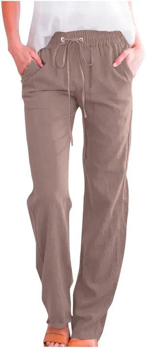 Casual Cotton Linen Pants for Women Lightweight Summer Drawstring Elastic Waist Pants Solid Lounge Long Trousers