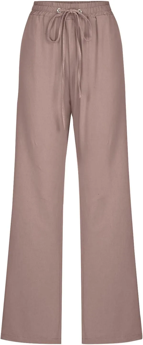 Casual Cotton Linen Pants for Women Lightweight Summer Drawstring Elastic Waist Pants Solid Lounge Long Trousers