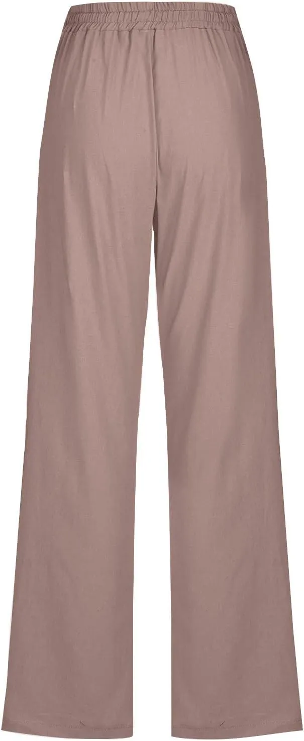 Casual Cotton Linen Pants for Women Lightweight Summer Drawstring Elastic Waist Pants Solid Lounge Long Trousers