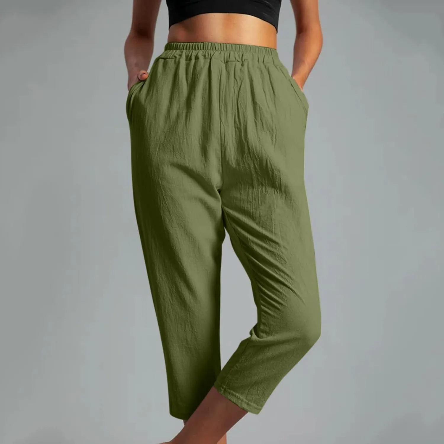 Ceboyel Womens High Waist Elastic Waist Pants Cotton Linen Summer Pant Ankle Length Comfy Trousers Boho Travel Clothes