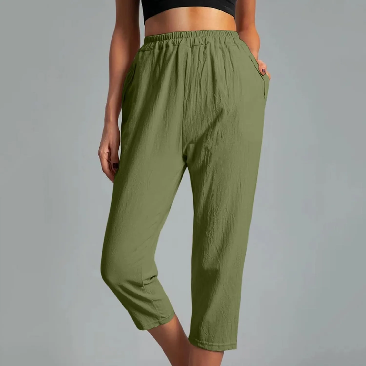 Ceboyel Womens High Waist Elastic Waist Pants Cotton Linen Summer Pant Ankle Length Comfy Trousers Boho Travel Clothes