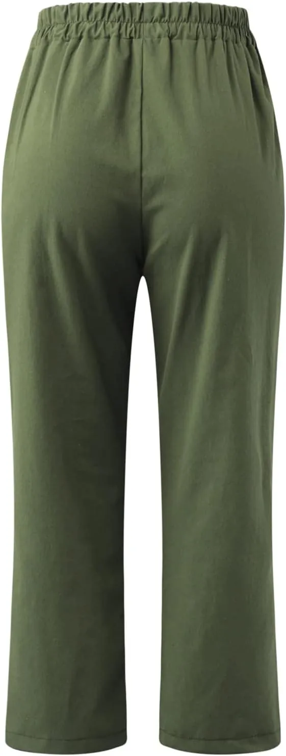 Ceboyel Womens High Waist Elastic Waist Pants Cotton Linen Summer Pant Ankle Length Comfy Trousers Boho Travel Clothes