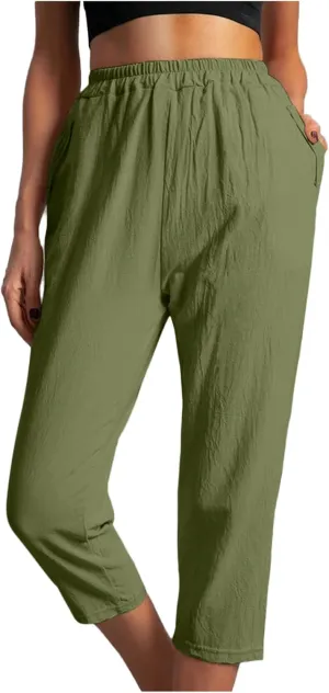 Ceboyel Womens High Waist Elastic Waist Pants Cotton Linen Summer Pant Ankle Length Comfy Trousers Boho Travel Clothes