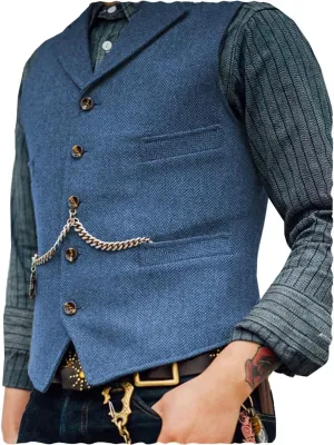 Ceehuteey Mens Suit Vest Waistcoat Tweed Retro V Neck Wool Herringbone for Prom