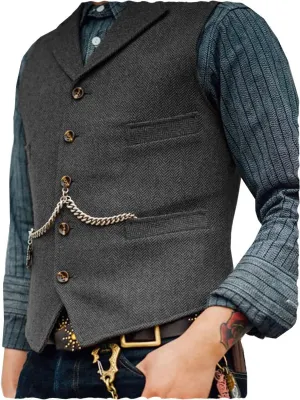 Ceehuteey Mens Suit Vest Waistcoat Tweed Retro V Neck Wool Herringbone for Prom
