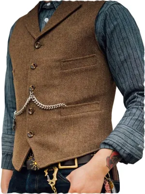 Ceehuteey Mens Suit Vest Waistcoat Tweed Retro V Neck Wool Herringbone for Prom