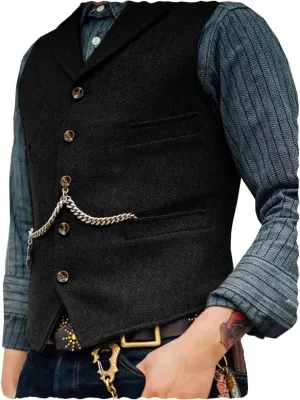Ceehuteey Mens Suit Vest Waistcoat Tweed Retro V Neck Wool Herringbone for Prom