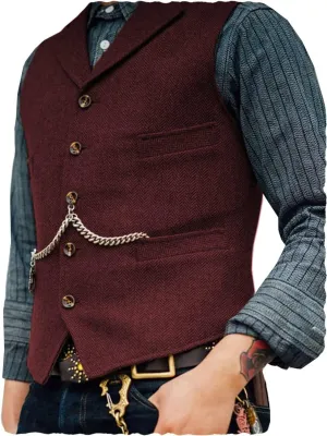 Ceehuteey Mens Suit Vest Waistcoat Tweed Retro V Neck Wool Herringbone for Prom