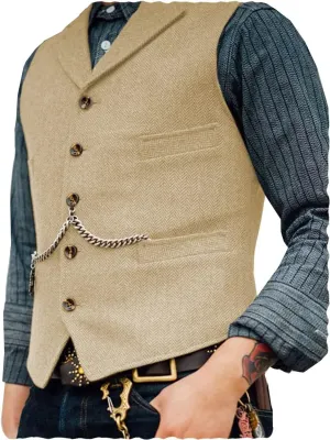 Ceehuteey Mens Suit Vest Waistcoat Tweed Retro V Neck Wool Herringbone for Prom
