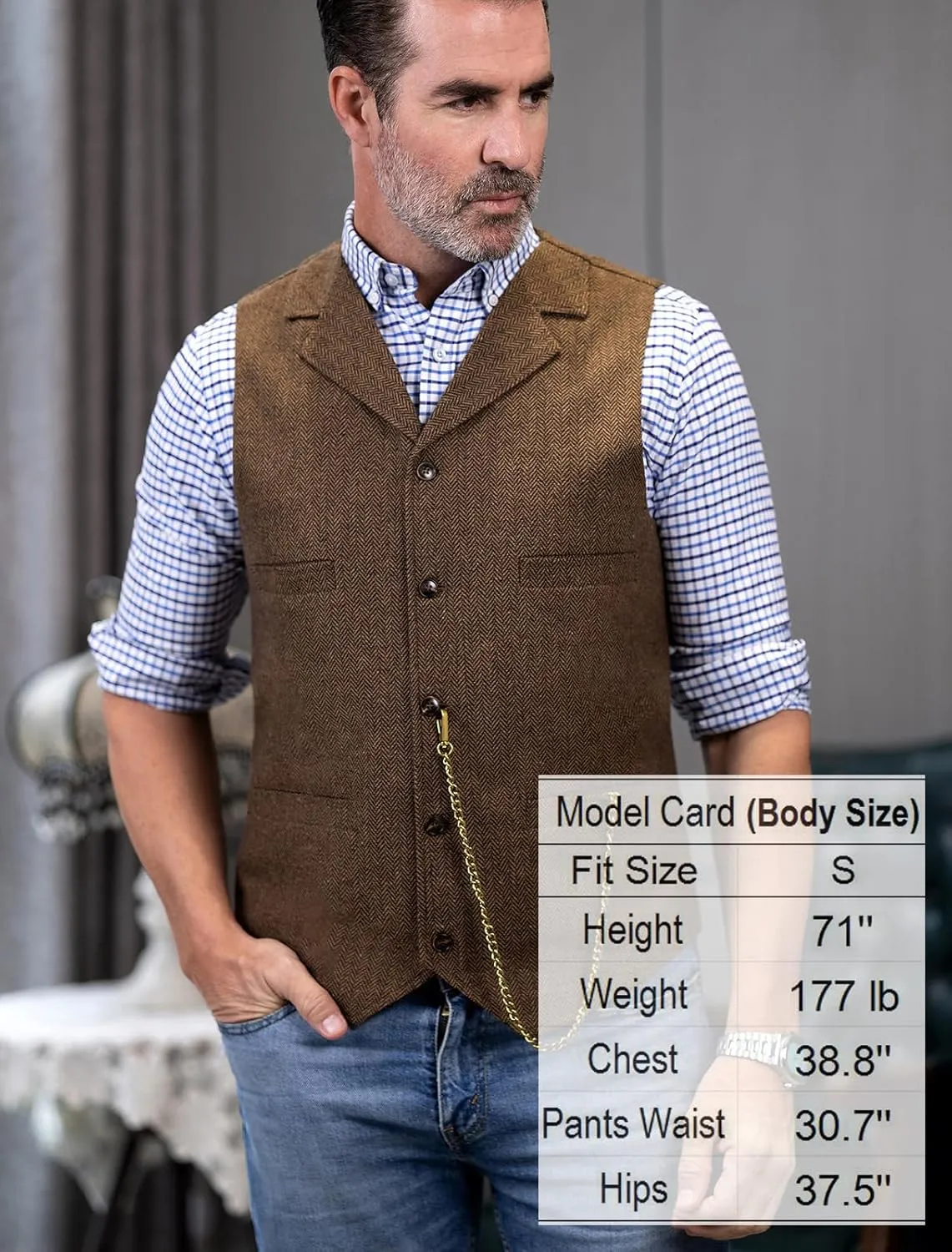 Ceehuteey Mens Suit Vest Waistcoat Tweed Retro V Neck Wool Herringbone for Prom