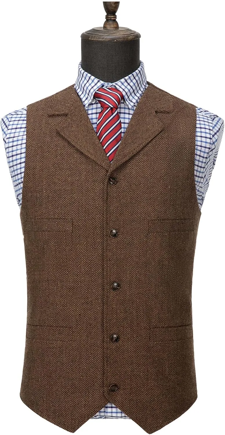 Ceehuteey Mens Suit Vest Waistcoat Tweed Retro V Neck Wool Herringbone for Prom
