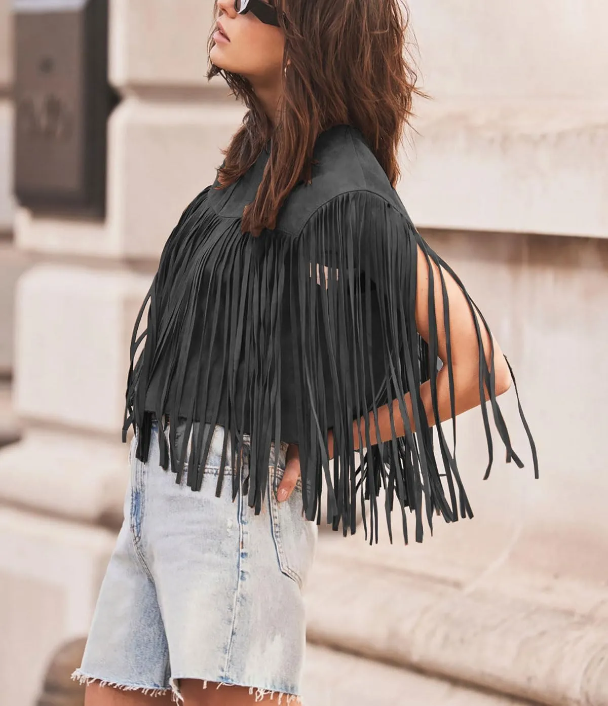 chouyatou Women's Fashion Fringe Tassels Faux Suede Leather Sleeveless Cropped Vest Jacket Tops