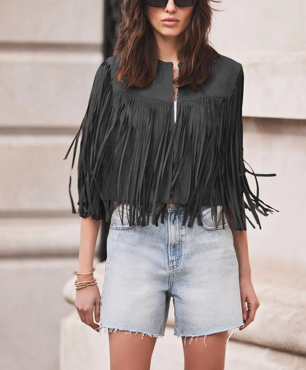 chouyatou Women's Fashion Fringe Tassels Faux Suede Leather Sleeveless Cropped Vest Jacket Tops