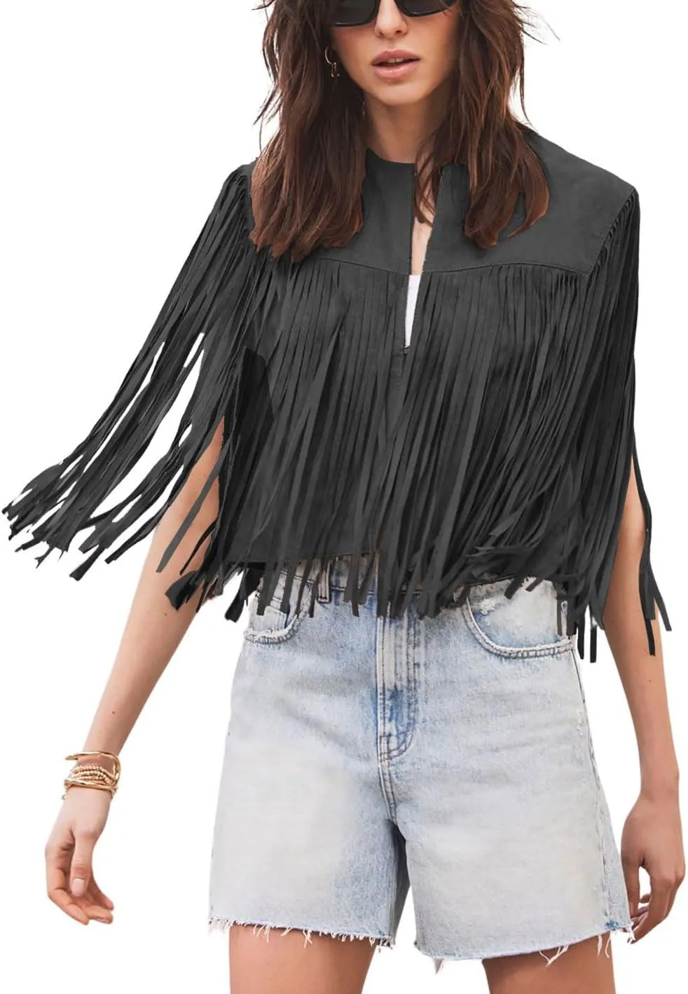 chouyatou Women's Fashion Fringe Tassels Faux Suede Leather Sleeveless Cropped Vest Jacket Tops