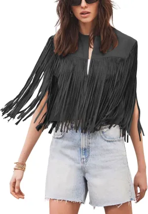 chouyatou Women's Fashion Fringe Tassels Faux Suede Leather Sleeveless Cropped Vest Jacket Tops