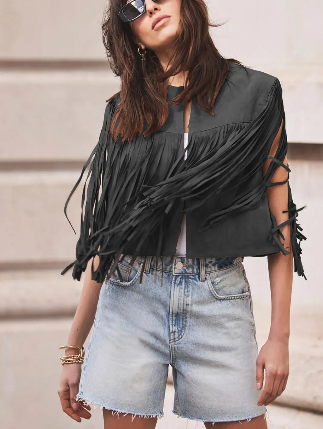 chouyatou Women's Fashion Fringe Tassels Faux Suede Leather Sleeveless Cropped Vest Jacket Tops