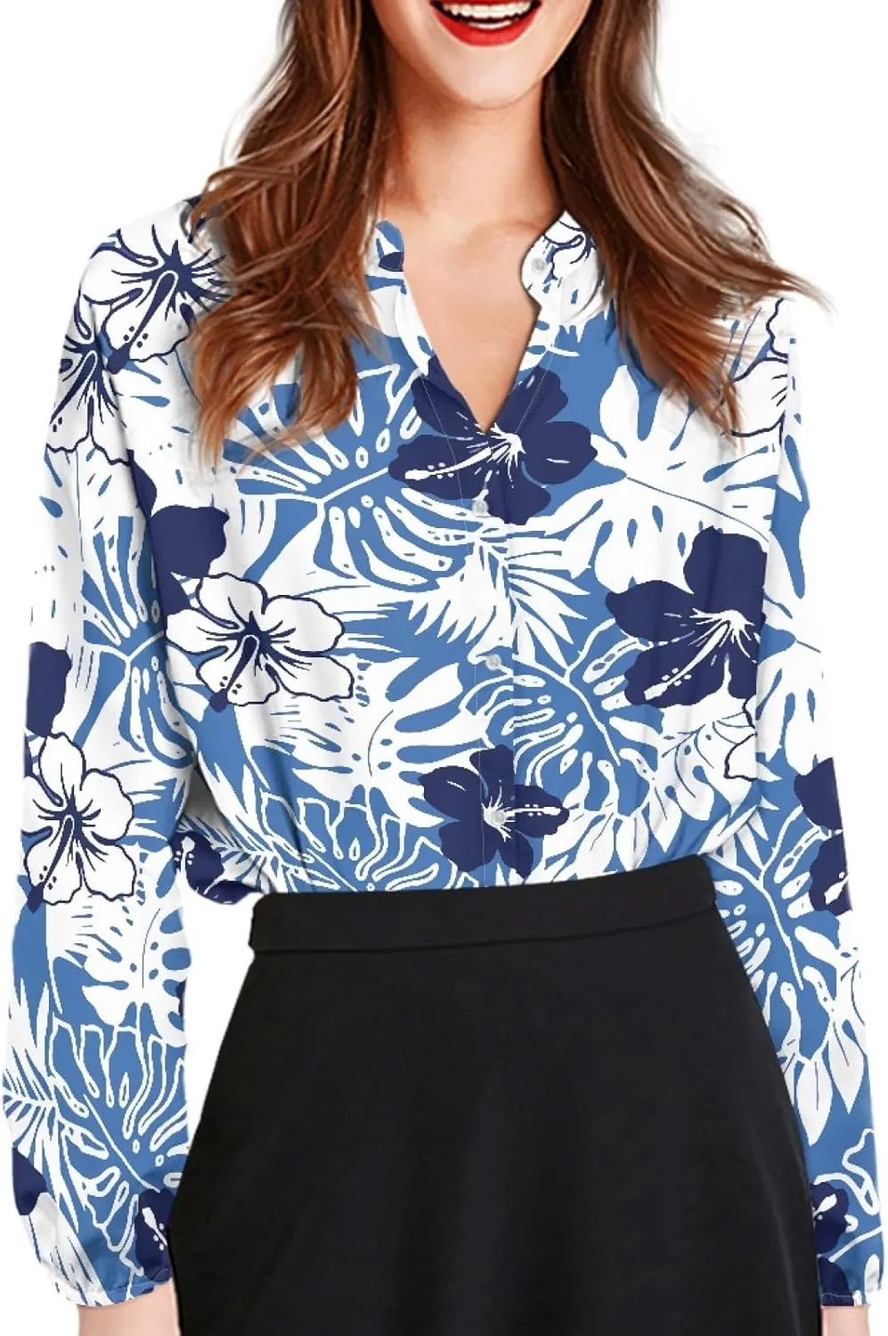 Coloranimal Women's Casual Long Sleeve Shirts Button Up V-Neck Blouse Tunic Tops Size S-5XL