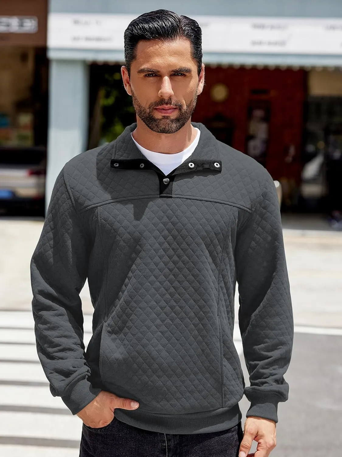 COOFANDY Mens Quarter Sweatshirt Quilted Long Sleeve Mock Neck Active Sweater Waffle Pullover Polo Shirts With Pockets