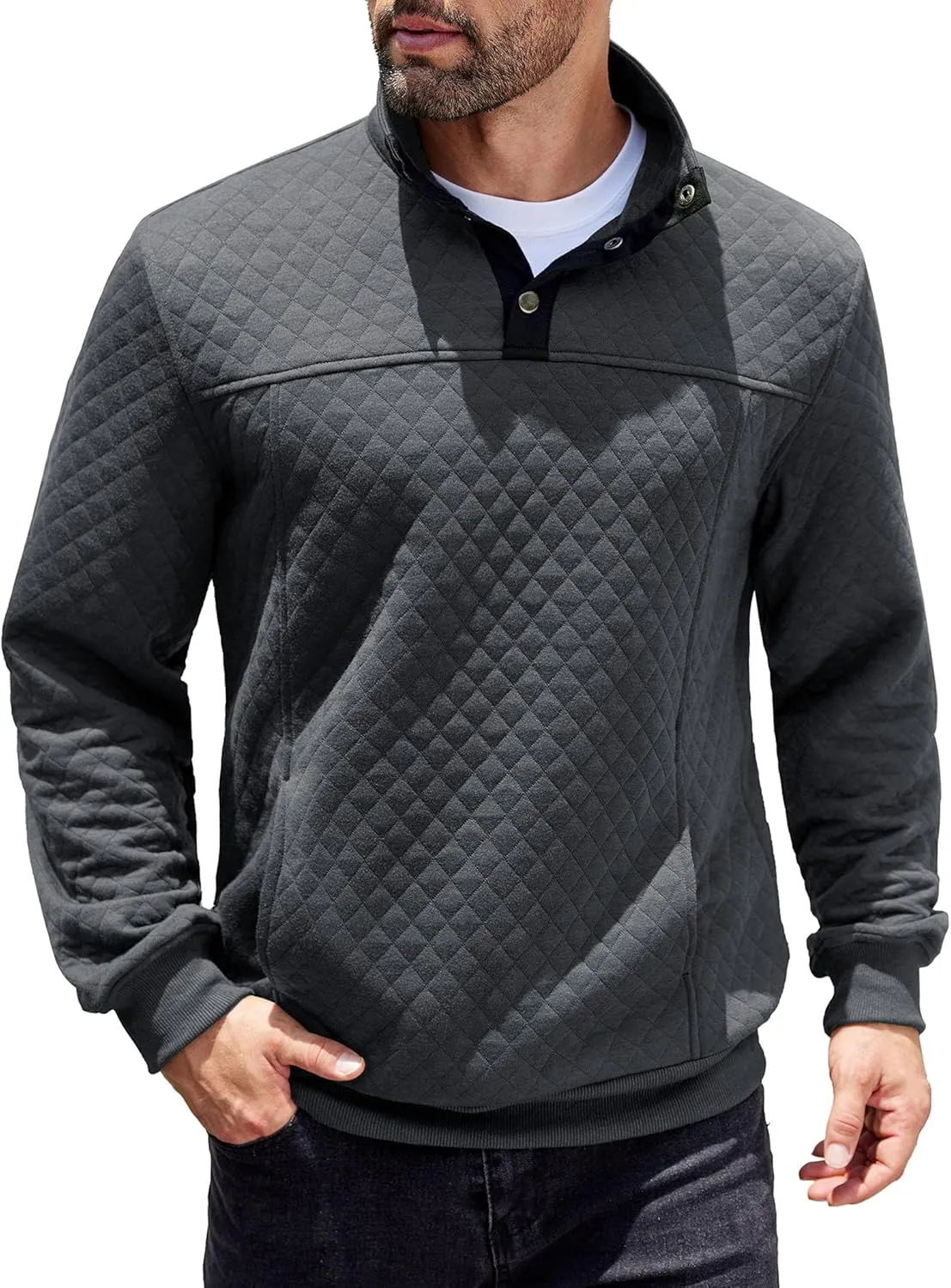 COOFANDY Mens Quarter Sweatshirt Quilted Long Sleeve Mock Neck Active Sweater Waffle Pullover Polo Shirts With Pockets