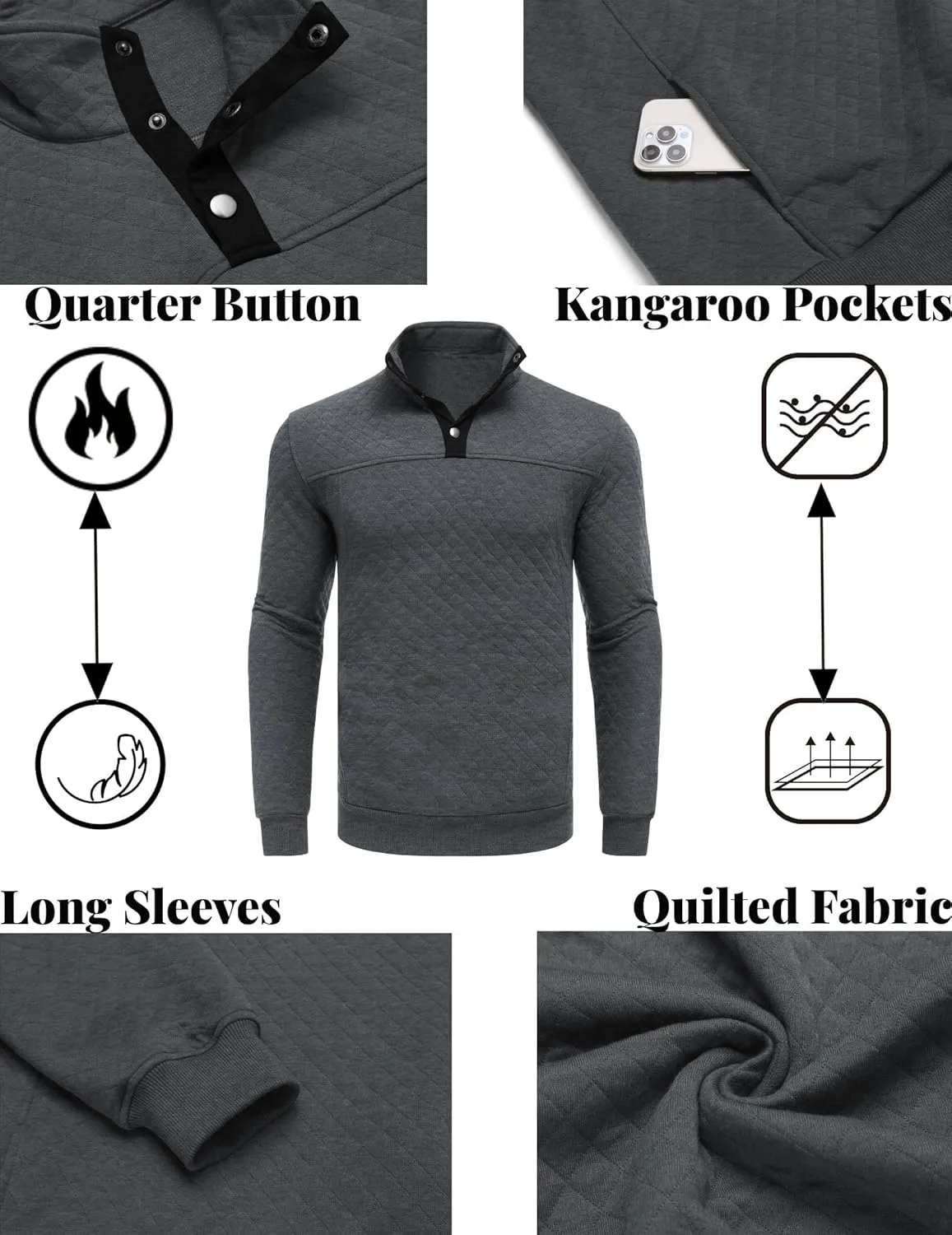 COOFANDY Mens Quarter Sweatshirt Quilted Long Sleeve Mock Neck Active Sweater Waffle Pullover Polo Shirts With Pockets