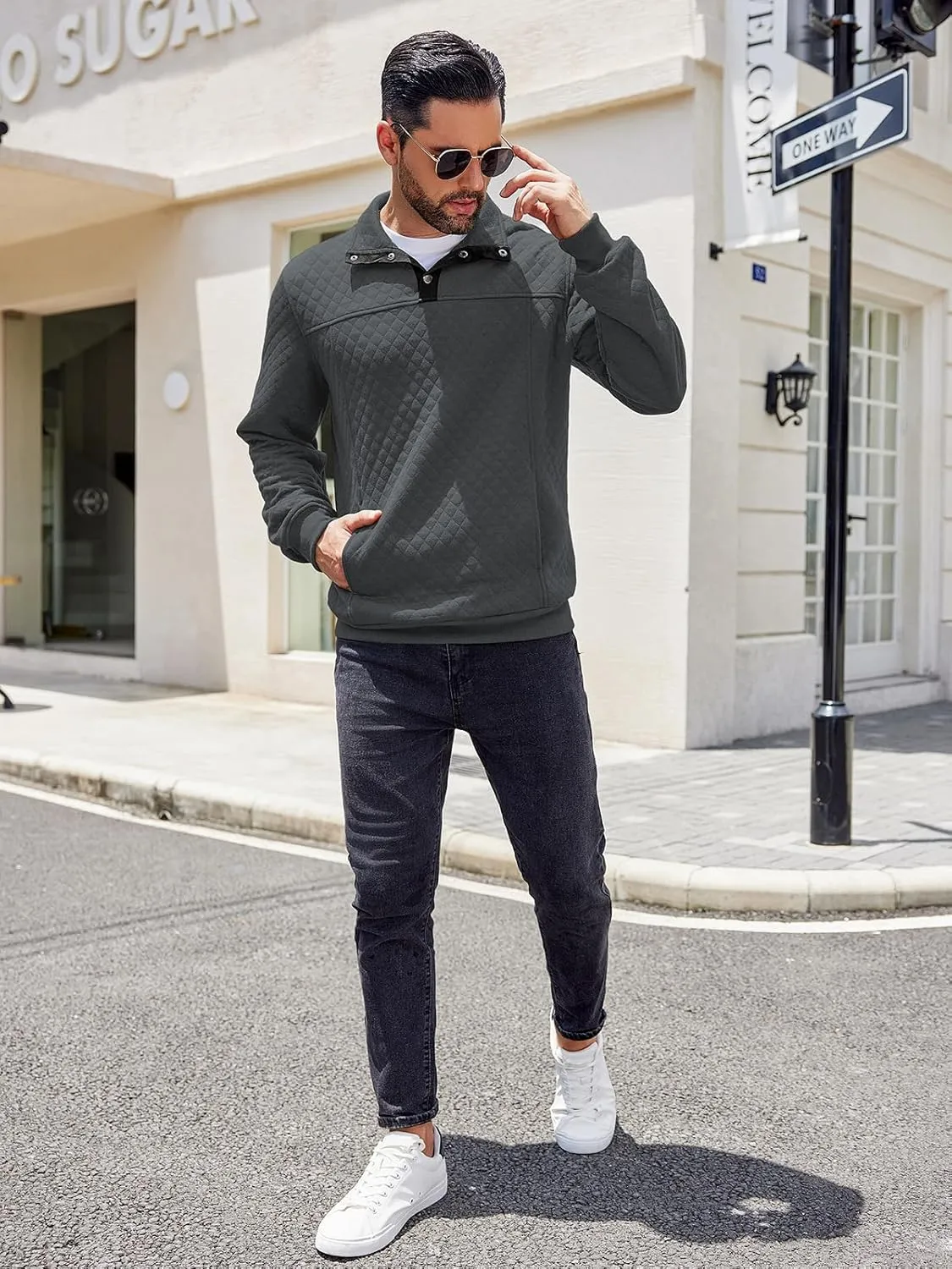 COOFANDY Mens Quarter Sweatshirt Quilted Long Sleeve Mock Neck Active Sweater Waffle Pullover Polo Shirts With Pockets