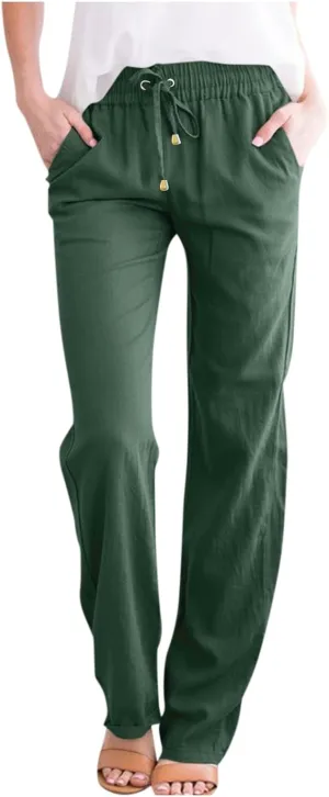 Cotton Linen Pants for Women Straight Leg Drawstring Long Trouser Loose Fit High Waist Beach Pants with Pockets