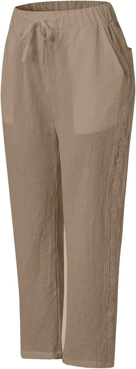 Cotton Linen Pants for Women Summer Casual Drawstring Waist Pants Loose Lace Breathable Vintage Trousers with Pockets