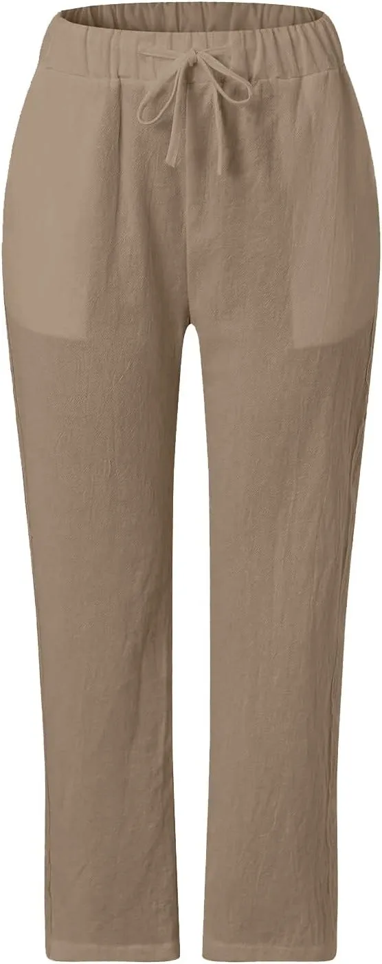 Cotton Linen Pants for Women Summer Casual Drawstring Waist Pants Loose Lace Breathable Vintage Trousers with Pockets