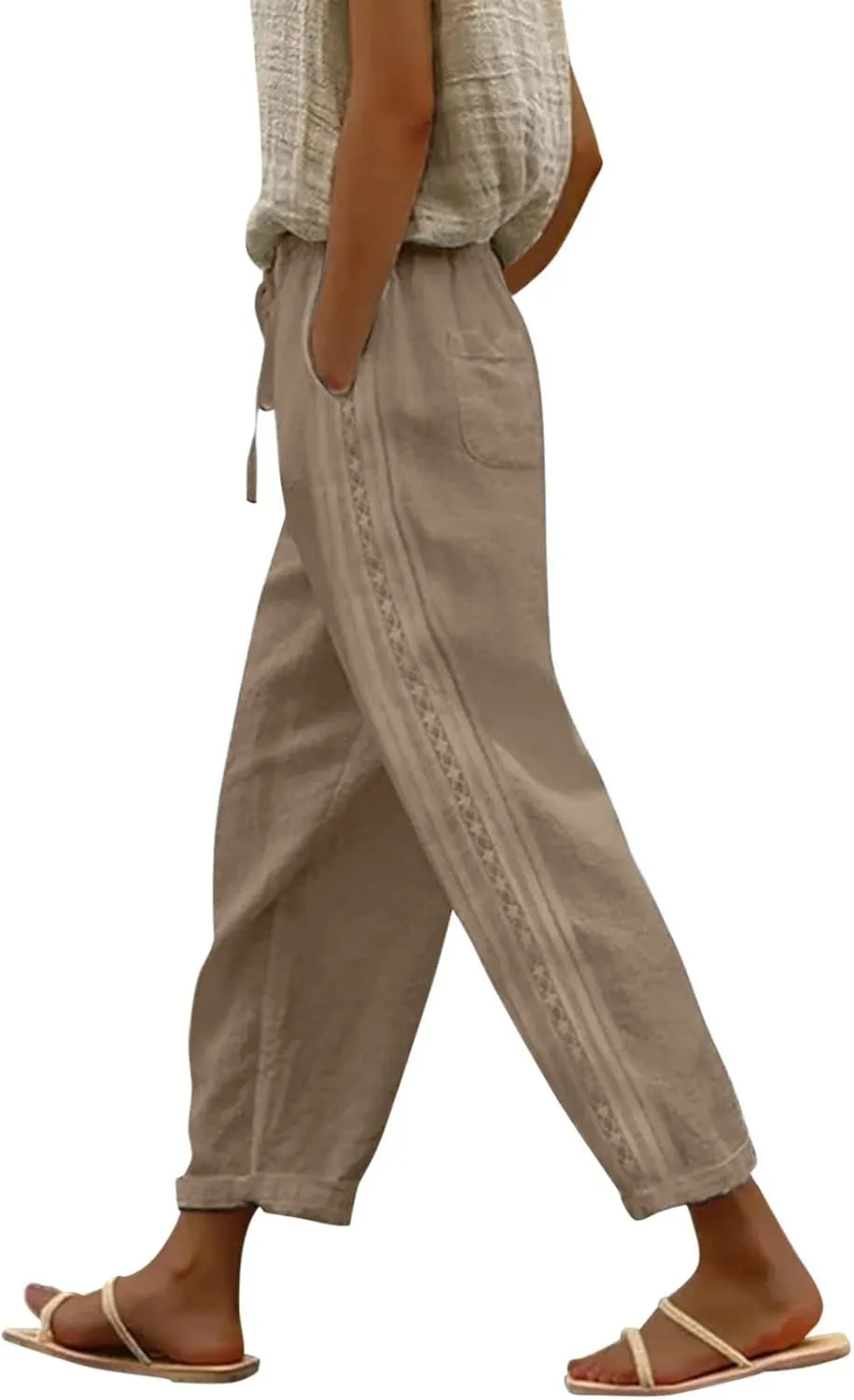 Cotton Linen Pants for Women Summer Casual Drawstring Waist Pants Loose Lace Breathable Vintage Trousers with Pockets
