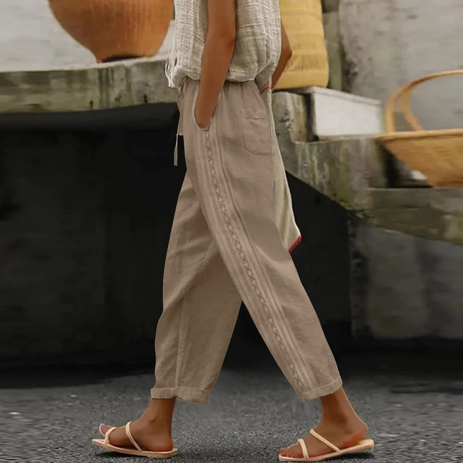 Cotton Linen Pants for Women Summer Casual Drawstring Waist Pants Loose Lace Breathable Vintage Trousers with Pockets