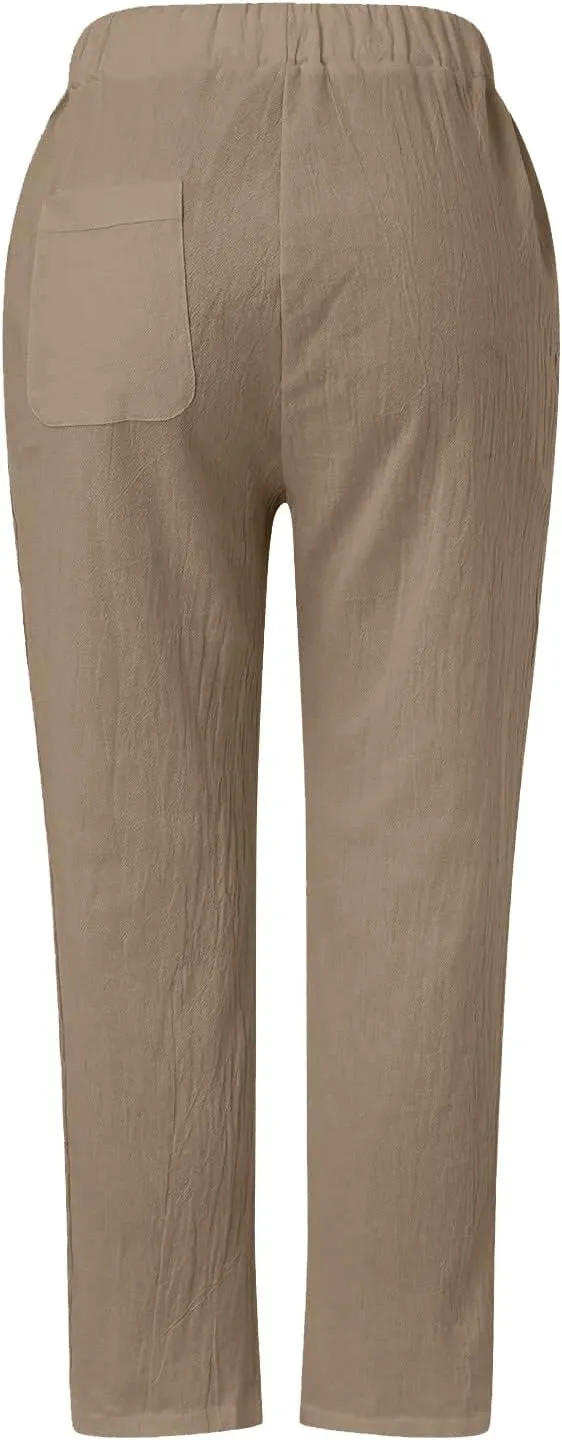 Cotton Linen Pants for Women Summer Casual Drawstring Waist Pants Loose Lace Breathable Vintage Trousers with Pockets
