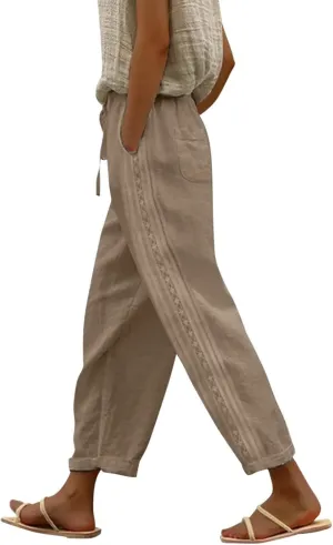 Cotton Linen Pants for Women Summer Casual Drawstring Waist Pants Loose Lace Breathable Vintage Trousers with Pockets