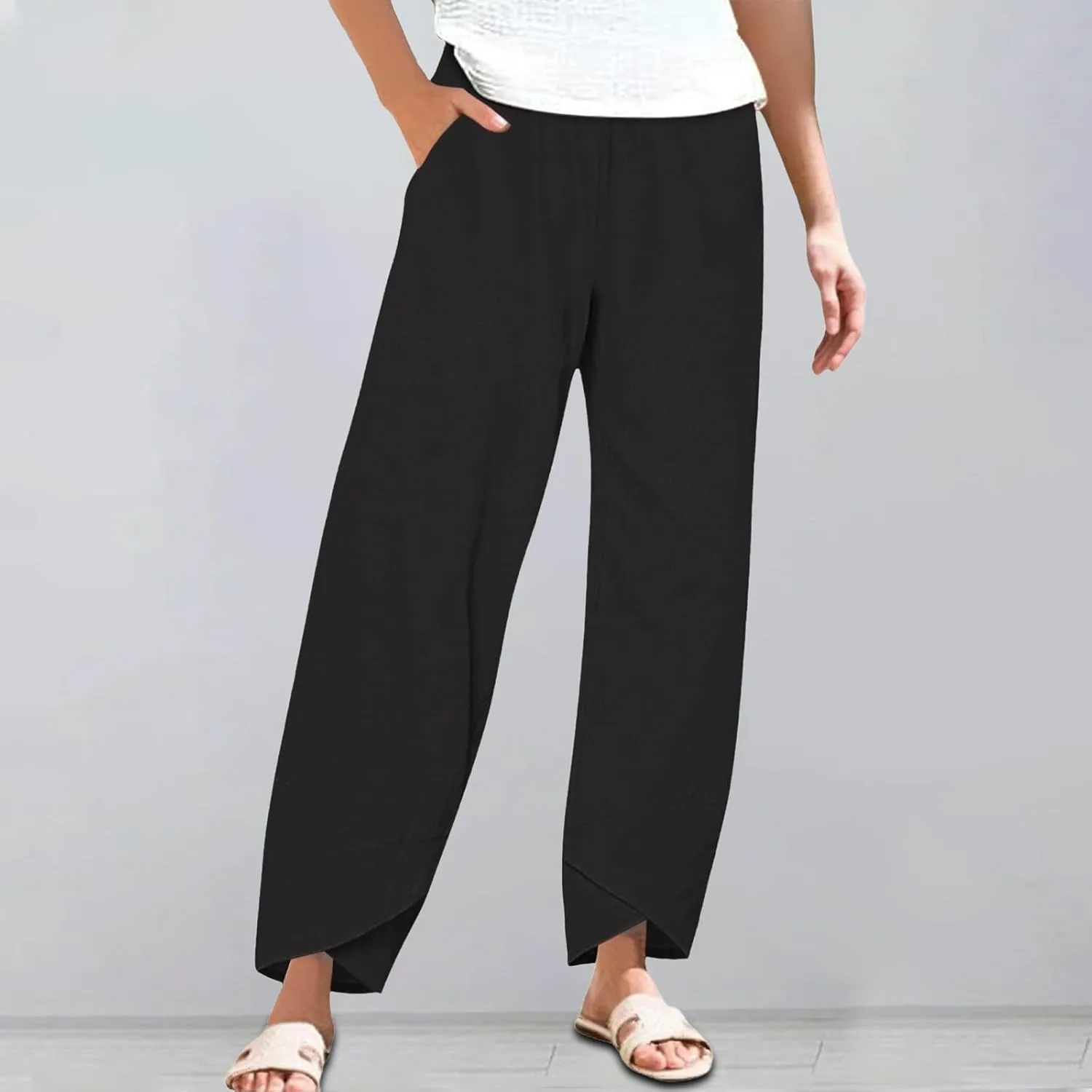 Cotton Linen Pants for Women Summer Plus Size Boho Pants Lightweight Hight Waist Vacation Beach Trousers with Pockets