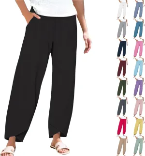 Cotton Linen Pants for Women Summer Plus Size Boho Pants Lightweight Hight Waist Vacation Beach Trousers with Pockets