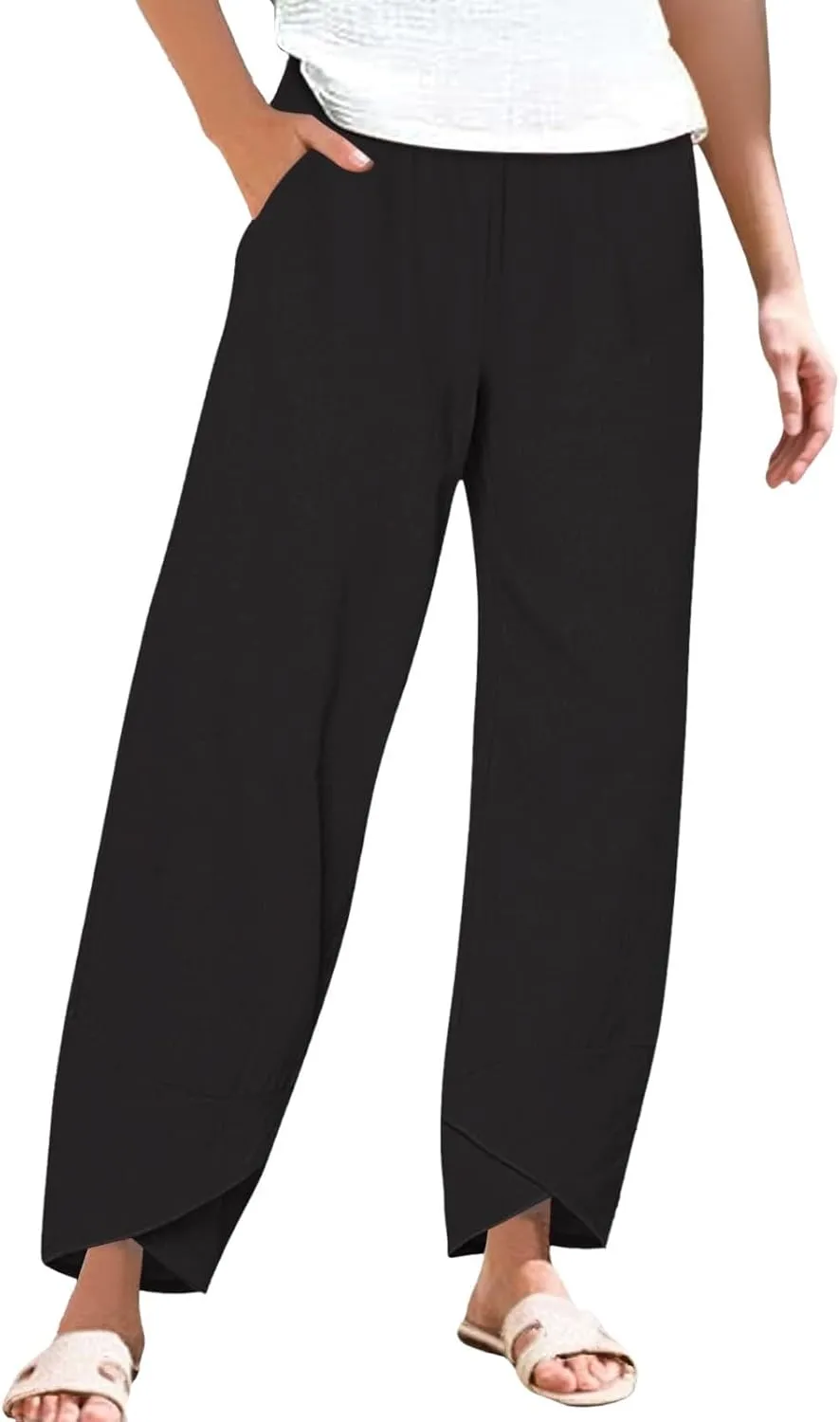 Cotton Linen Pants for Women Summer Plus Size Boho Pants Lightweight Hight Waist Vacation Beach Trousers with Pockets