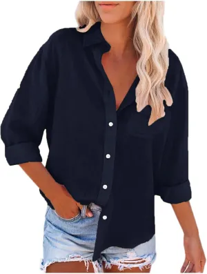 Cotton Linen Shirts for Women with Pockets Long Sleeve Button Down Oversized Tshirts Ladies Vacation Beach Work Tops Clothes