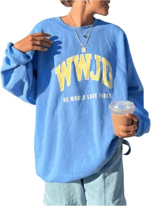 COZYEASE Women's Crewneck Letter Graphic Sweatshirt Drop Shoulder Long Sleeve Pullover Fall Tops