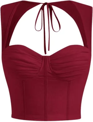 COZYEASE Women's Tie Back Sweetheart Neck Ruched Crop Tank Top Sleeveless Bustier Tops