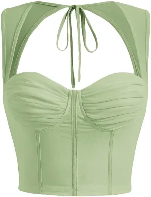 COZYEASE Women's Tie Back Sweetheart Neck Ruched Crop Tank Top Sleeveless Bustier Tops